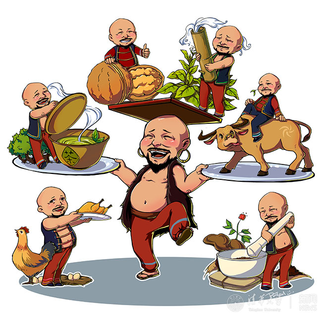 12 2015?1?月,清华大学美术学院实践支队同学为南涧县“六个一”(?????烟??????ˉ茶??????a核桃、一头牛、一只鸡、一棵药)农特产品设计的卡é?形象.jpg